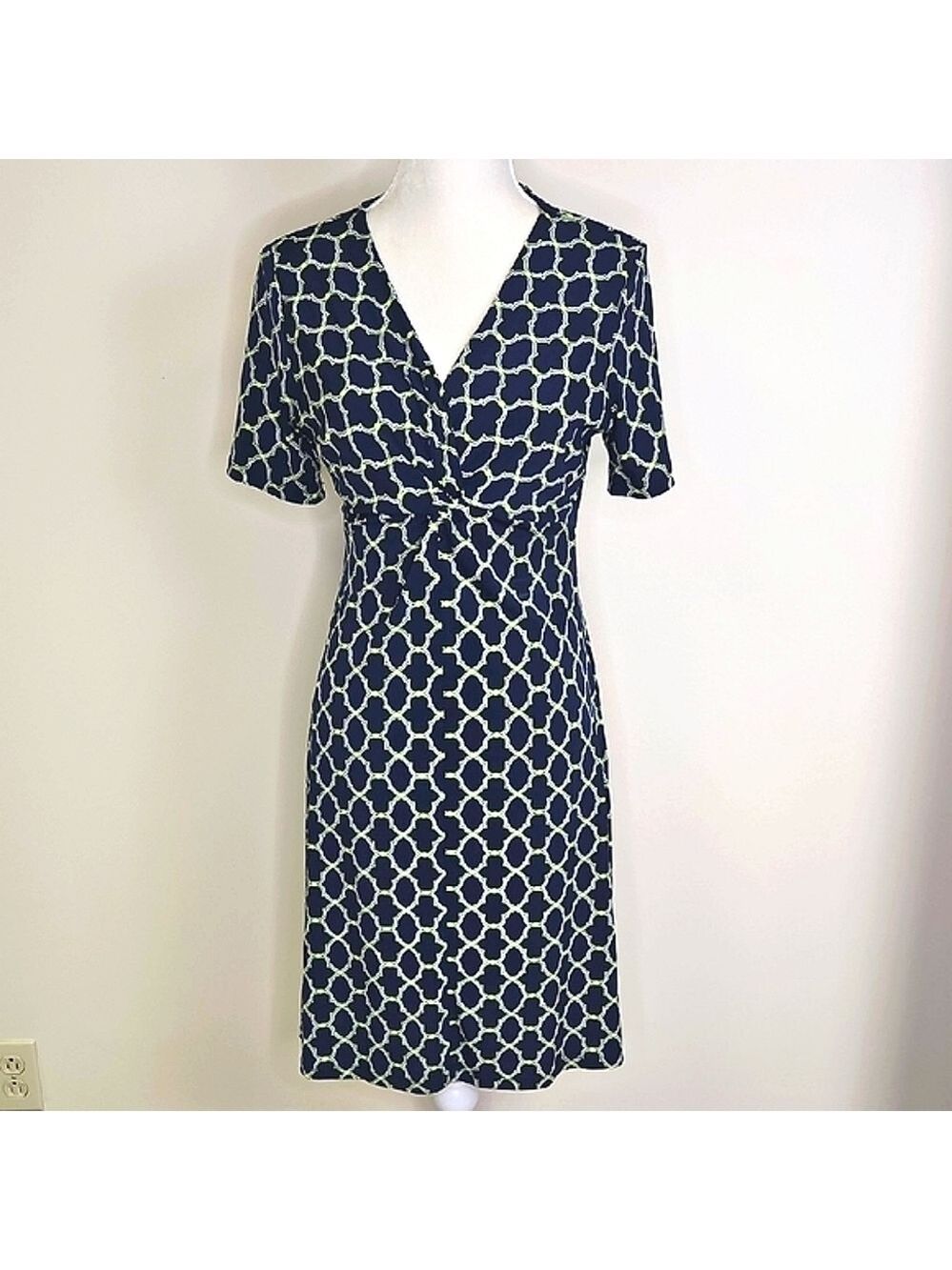 Merona Elegant Navy and Chartruesse Patterned Dress Twist At Bustline Stretchy M